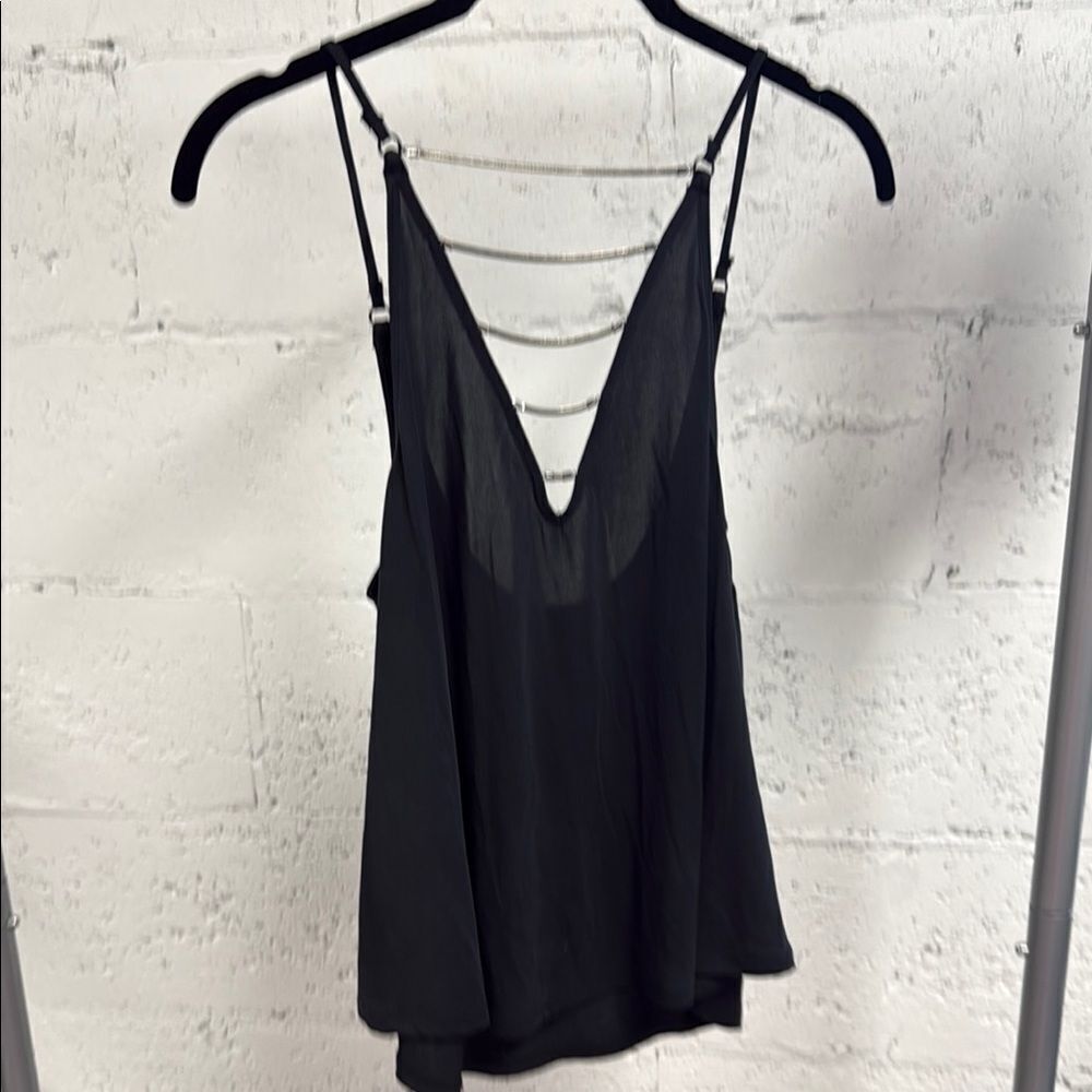 Elegant Black Strappy Women's Top - Silver Chain Detail - Size XS